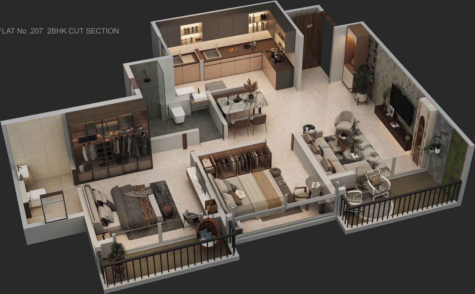 Legacy Ekam 2 BHK 807 Sq.Ft. 3D isometric cut-section layout with mandir space and 2 balconies