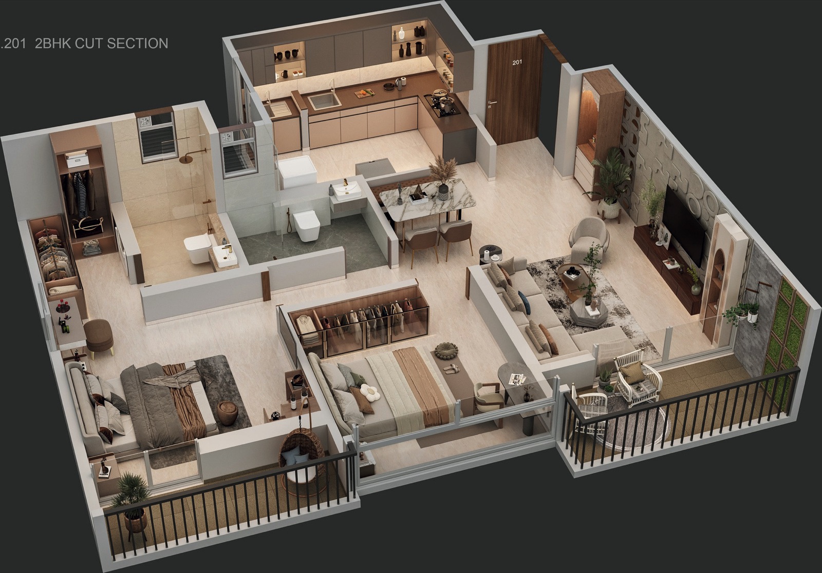 Legacy Ekam 2 BHK 859 Sq.Ft. 3D isometric cut-section layout with walk-in wardrobe, mandir space and 2 balconies