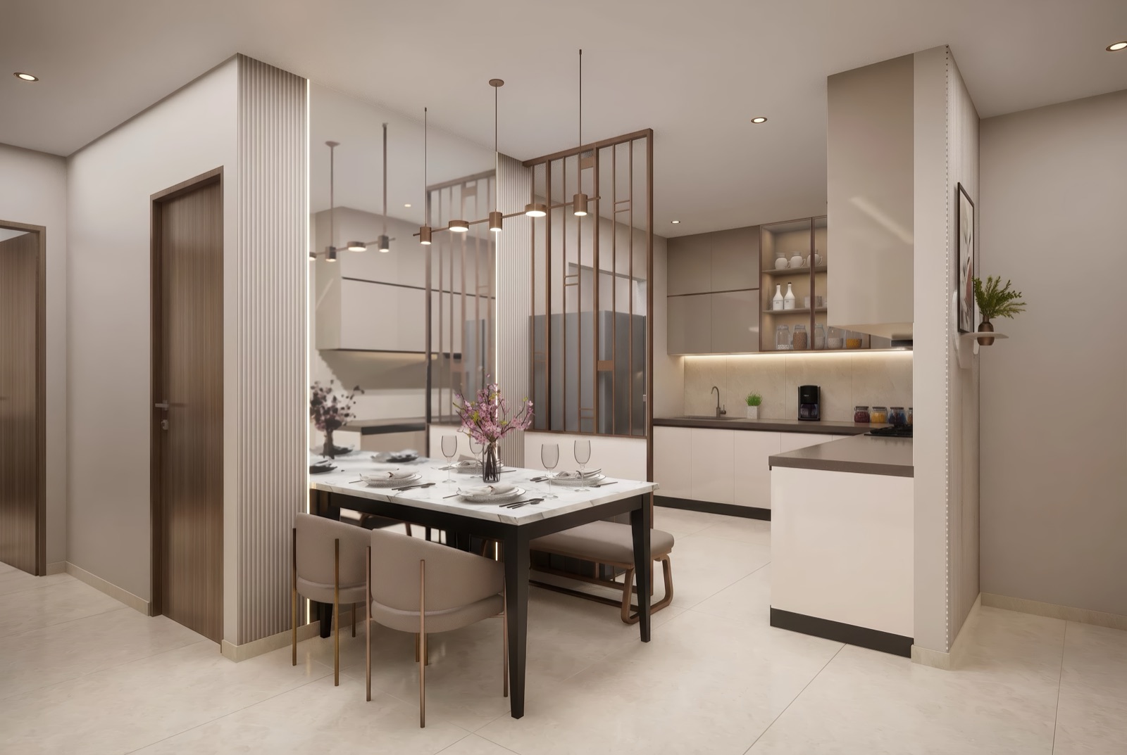 Legacy Ekam dining area interior with designer marble-top table and pendant lighting