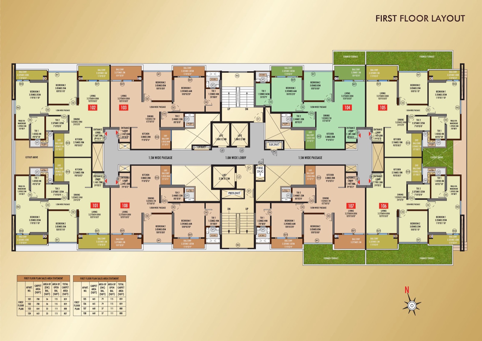 Legacy Ekam first floor layout plan — 2 BHK homes with formed terraces, Punawale