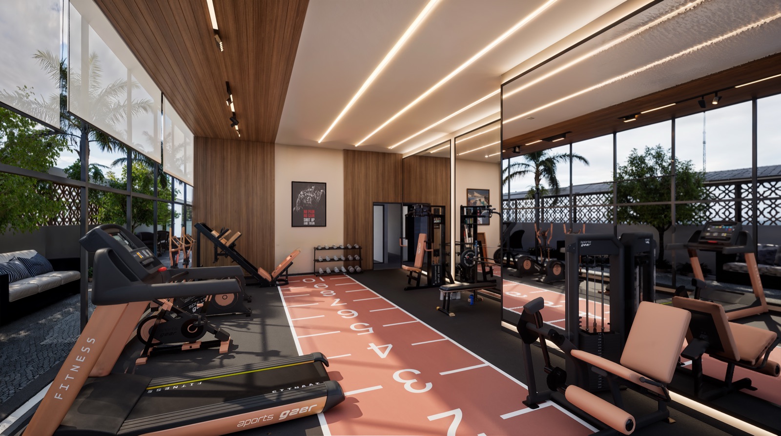 Fitness area at Legacy Ekam with modern training equipment