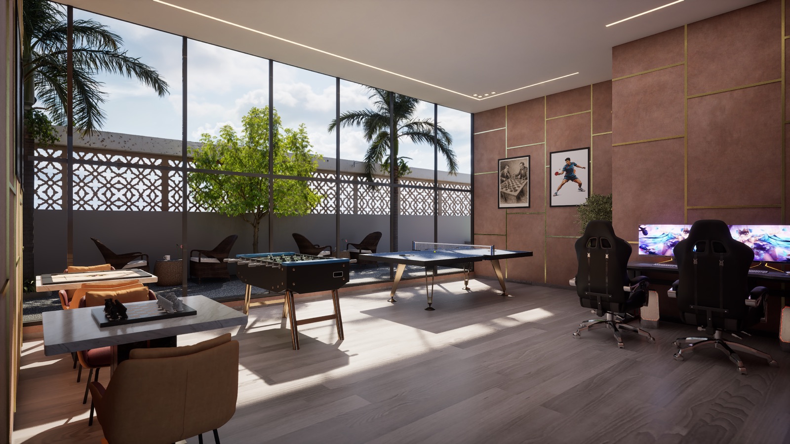 Play Lounge — air-conditioned indoor games area at Legacy Ekam with table tennis