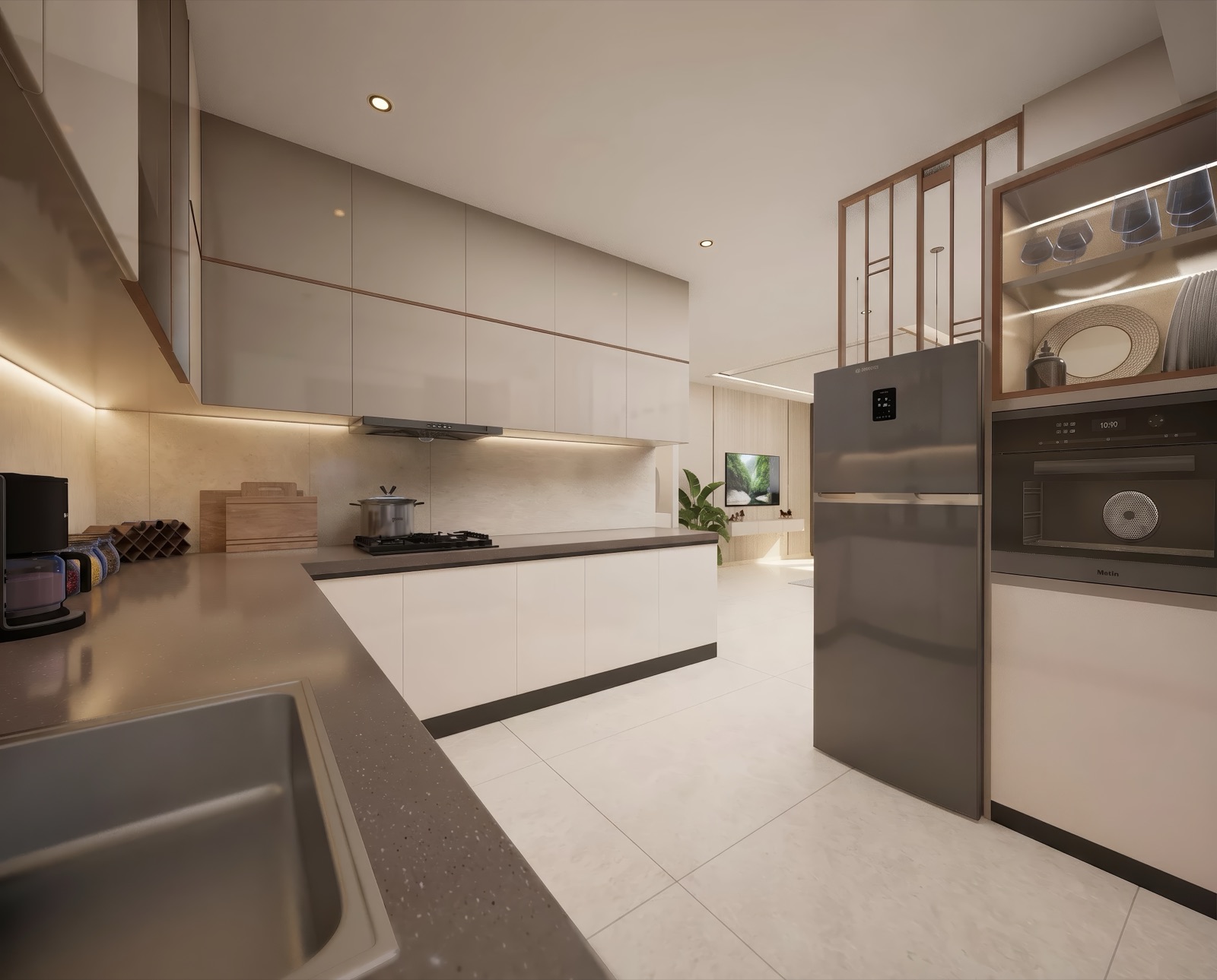 Legacy Ekam modular kitchen with premium finishes and full-body vitrified tile platform
