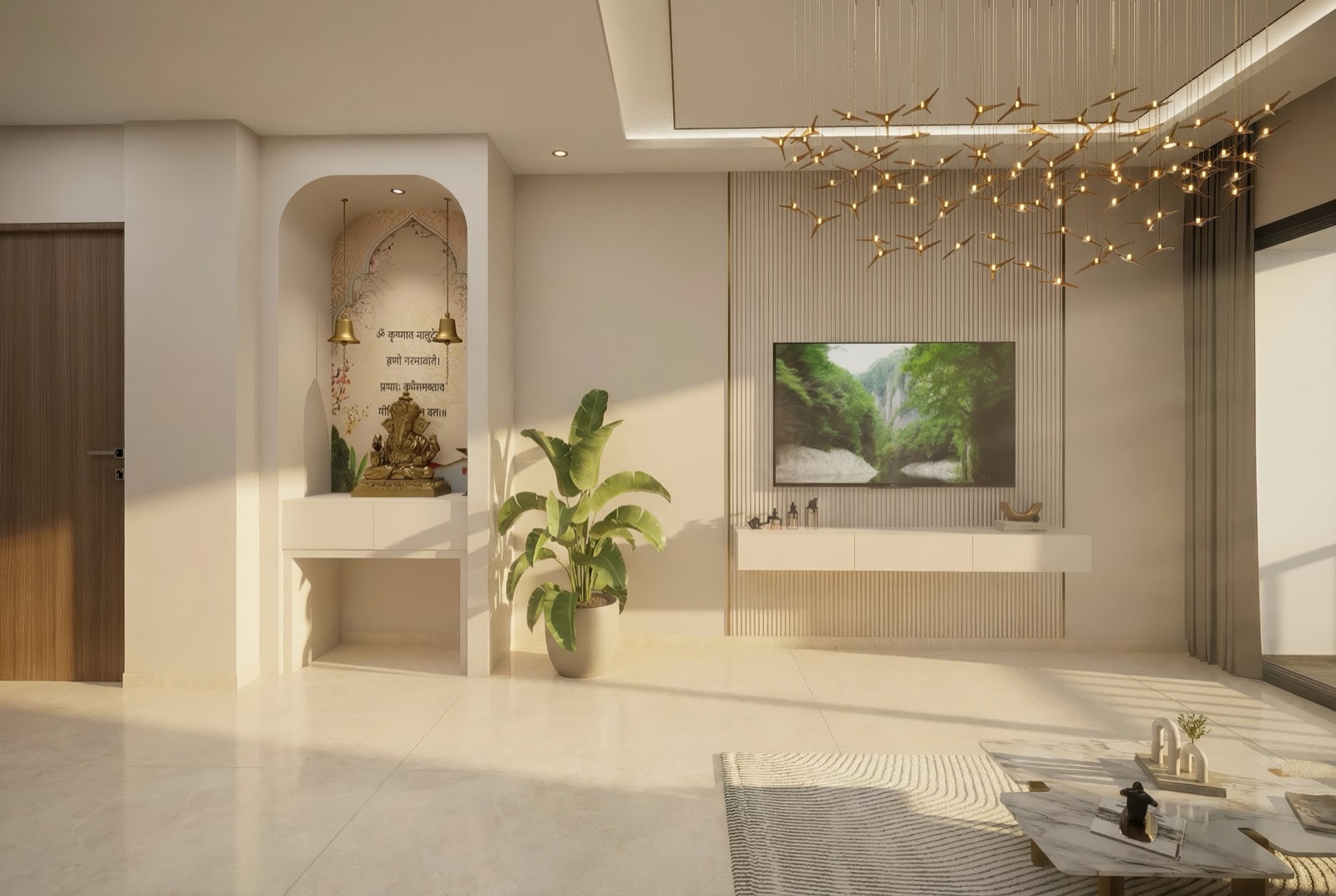 Legacy Ekam 2 BHK living room interior — premium furnishing with warm wood and marble finishes, Punawale Pune