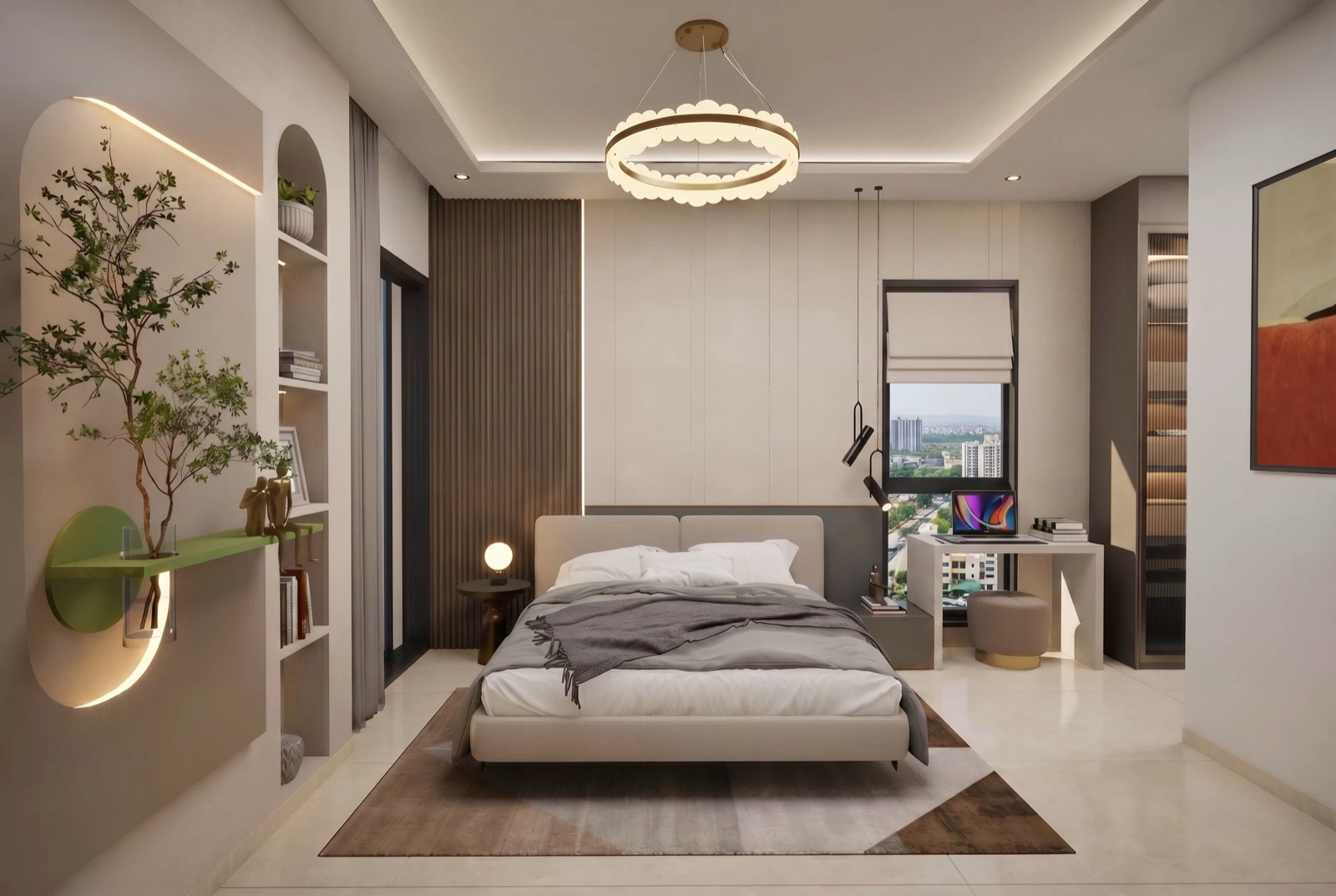 Legacy Ekam master bedroom interior with wardrobe niche and warm textures