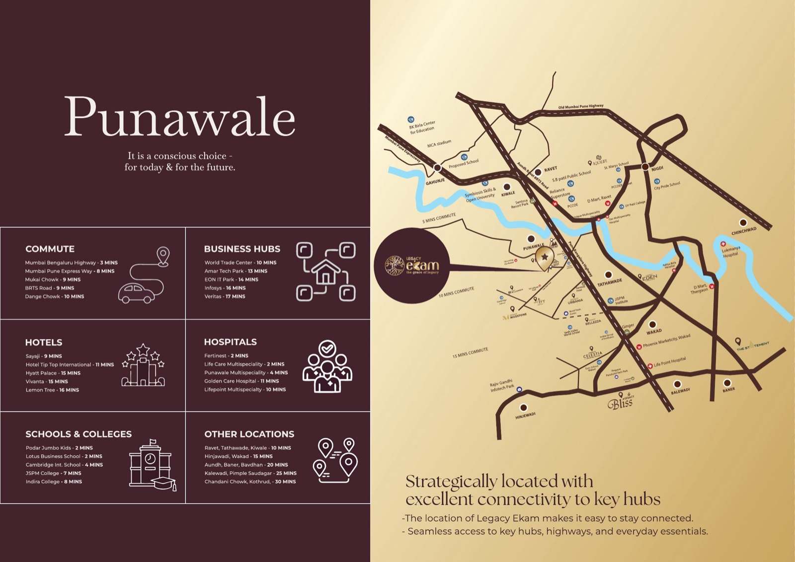Legacy Ekam Punawale location map — commute times to business hubs, hospitals, schools and hotels around Pune