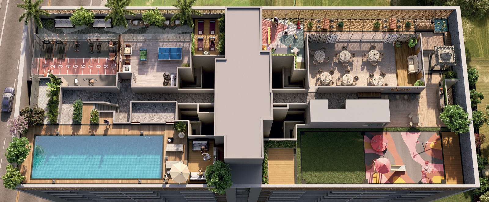 Aerial view of the Legacy Ekam terrace amenity deck — swimming pool, fitness area, dining courtyard, lawn and children's play area