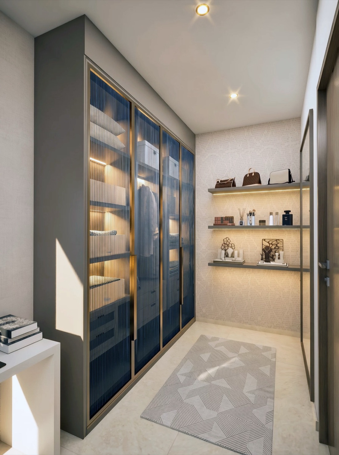 Legacy Ekam exclusive walk-in wardrobe with glass-shutter organisers in the 859 Sq.Ft. layout